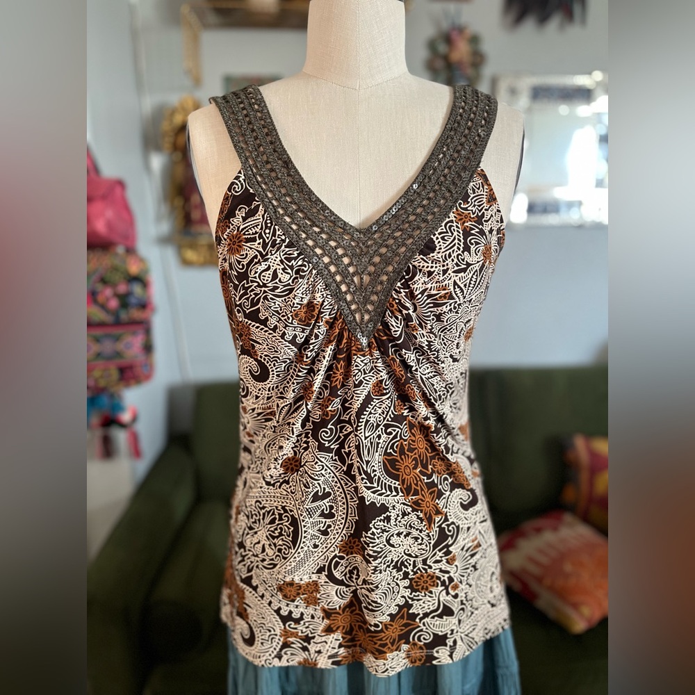 Y2K Brown and cream top with crochet and sequins